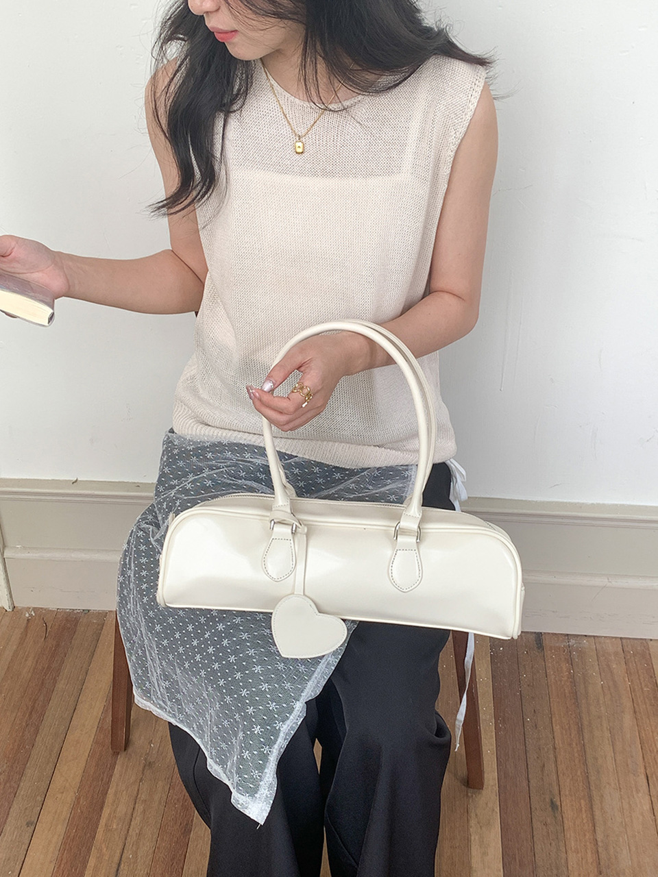 Heart Charm Square Leather Shoulder Bag