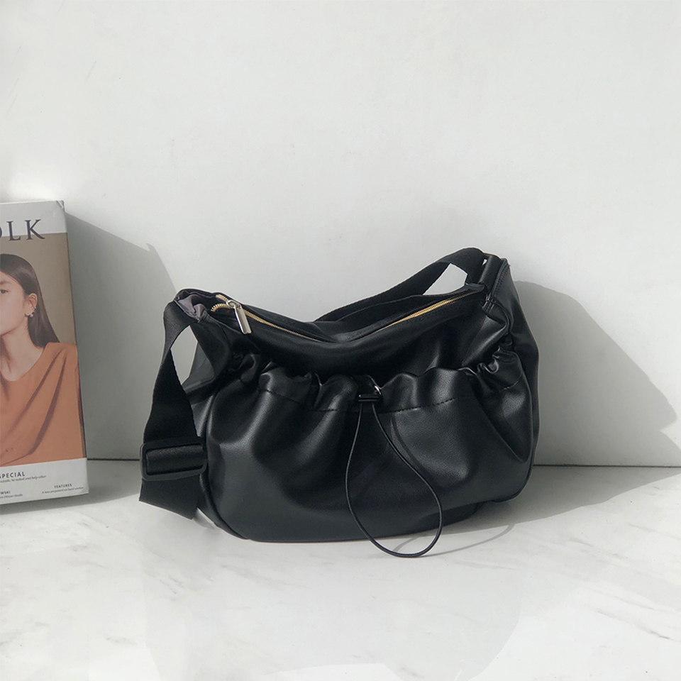 Leather String Pocket Zip-Up Crossbody Bag