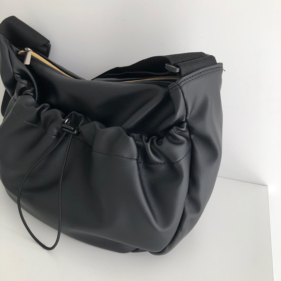 Leather String Pocket Zip-Up Crossbody Bag