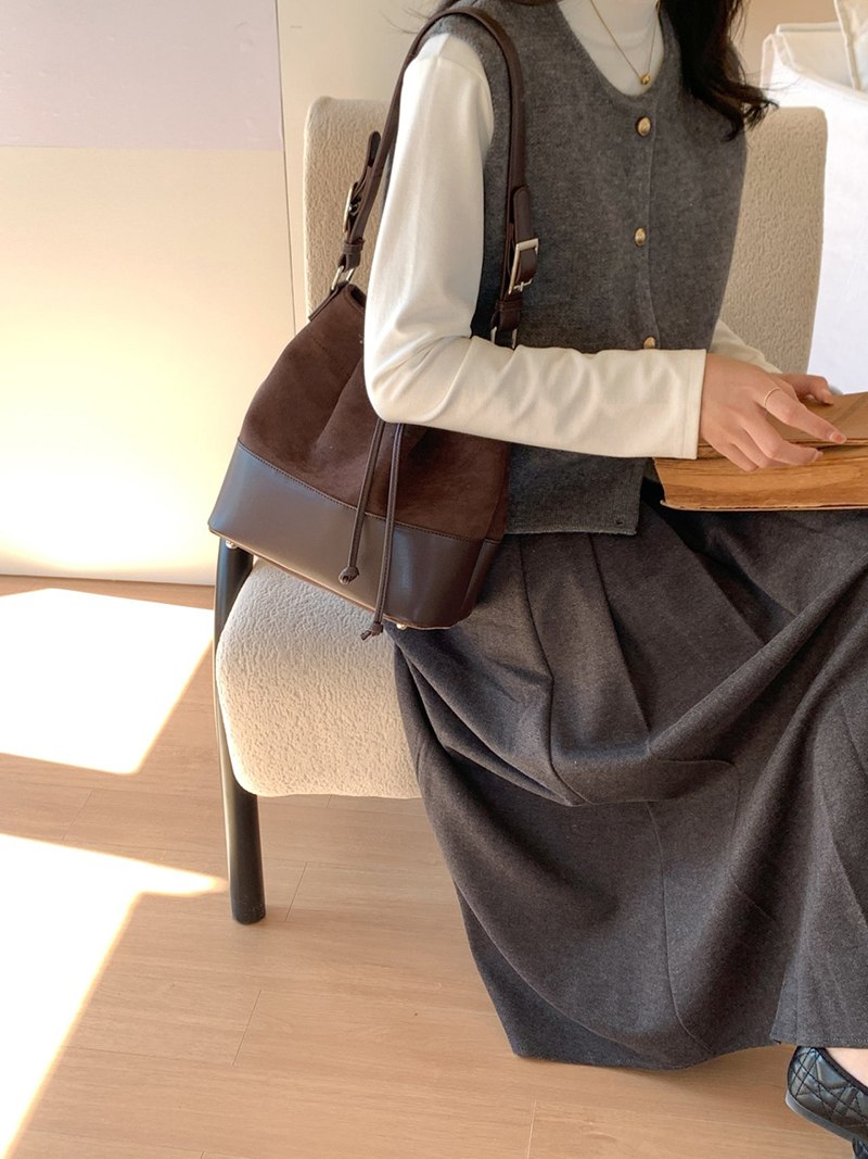 Suede Buckle Leather Bucket Bag/Shoulder Bag