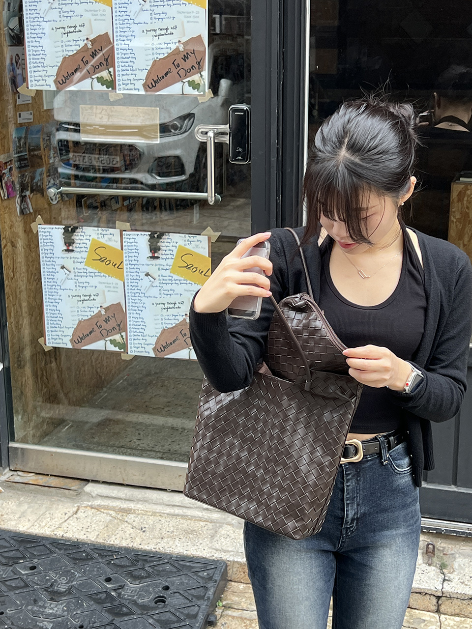 [Pouch Set] Classic Leather Square Tote Bag/Shoulder Bag