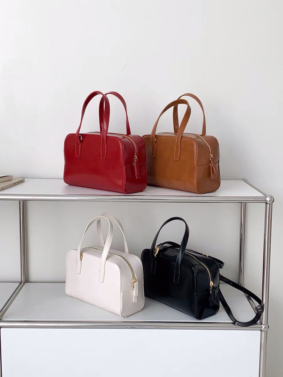 Square zip-up leather tote bag (4 colors)