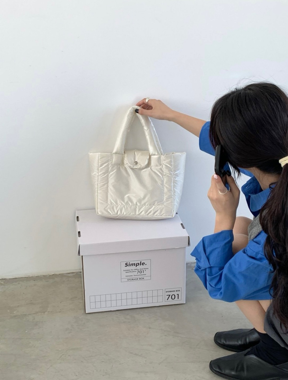 Aston Glossy Nylon Down Button Tote Bag