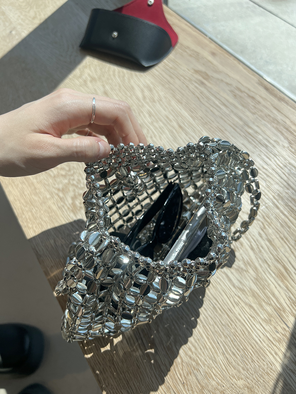 Metal Bead Net Mini Shoulder Bag