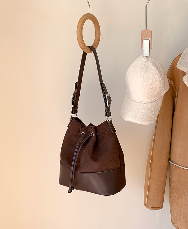 Suede Buckle Leather Bucket Bag/Shoulder Bag