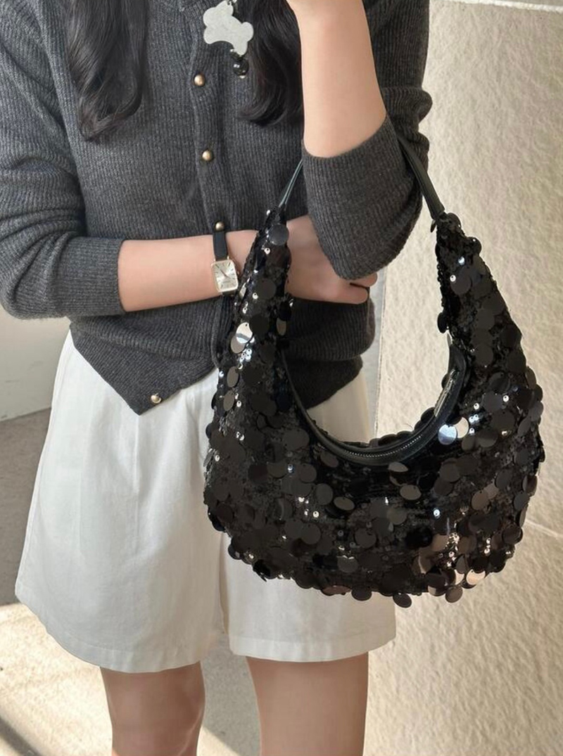 Sequined round zipper shoulder bag (2 colors)