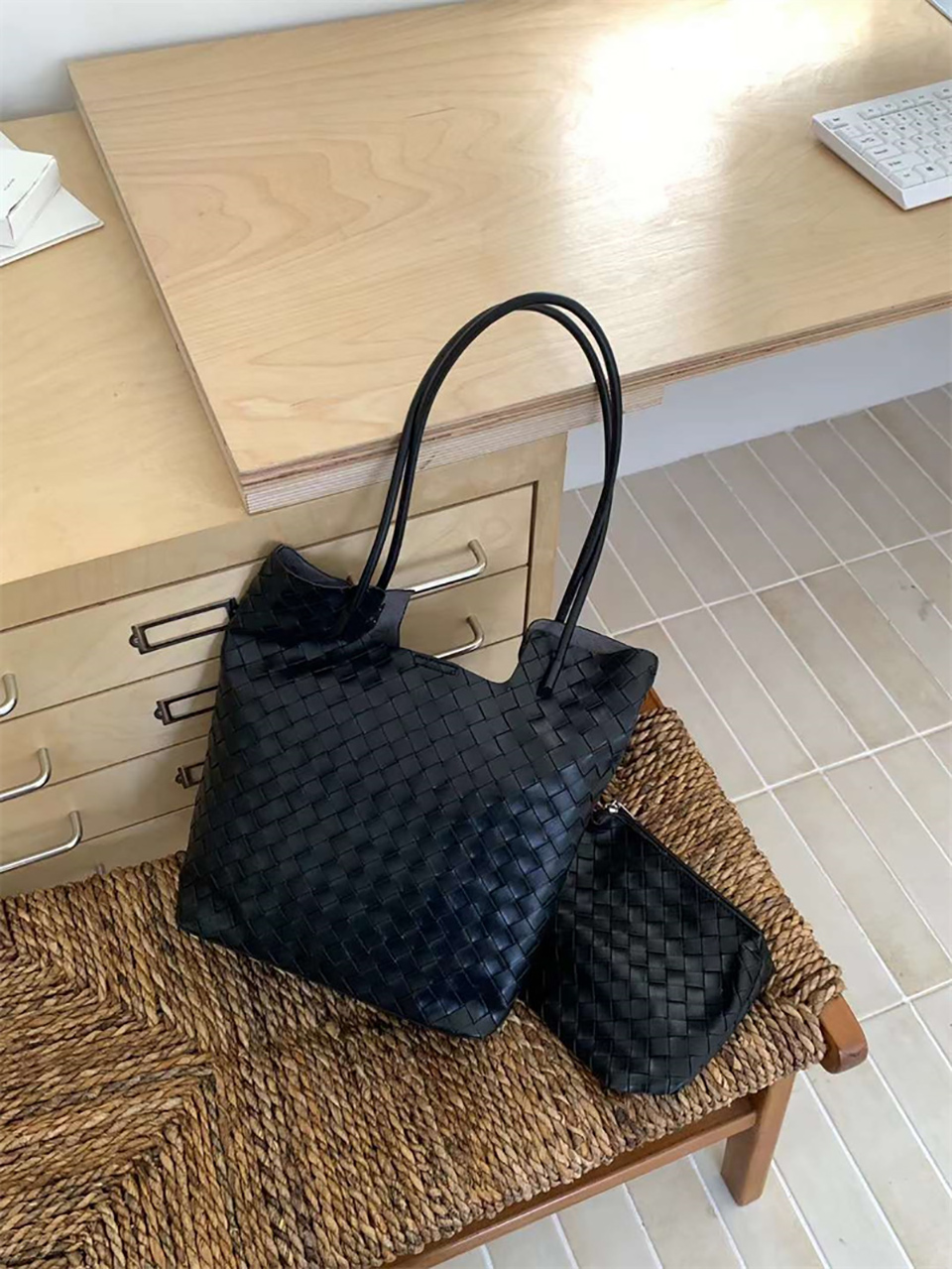 [Pouch Set] Classic Leather Square Tote Bag/Shoulder Bag
