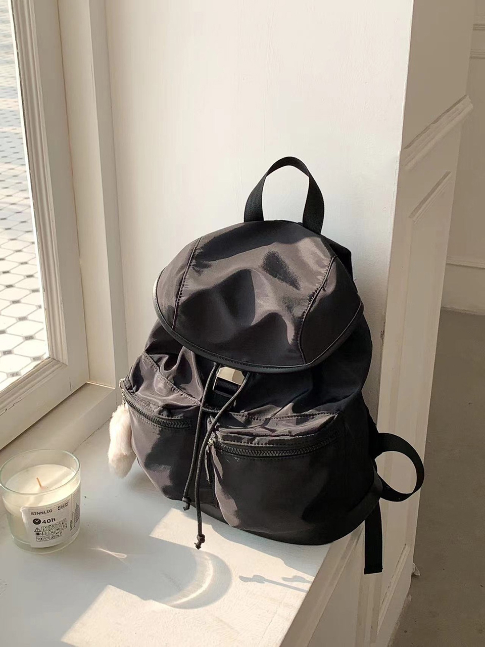 Nylon buckle string pocket daily backpack
