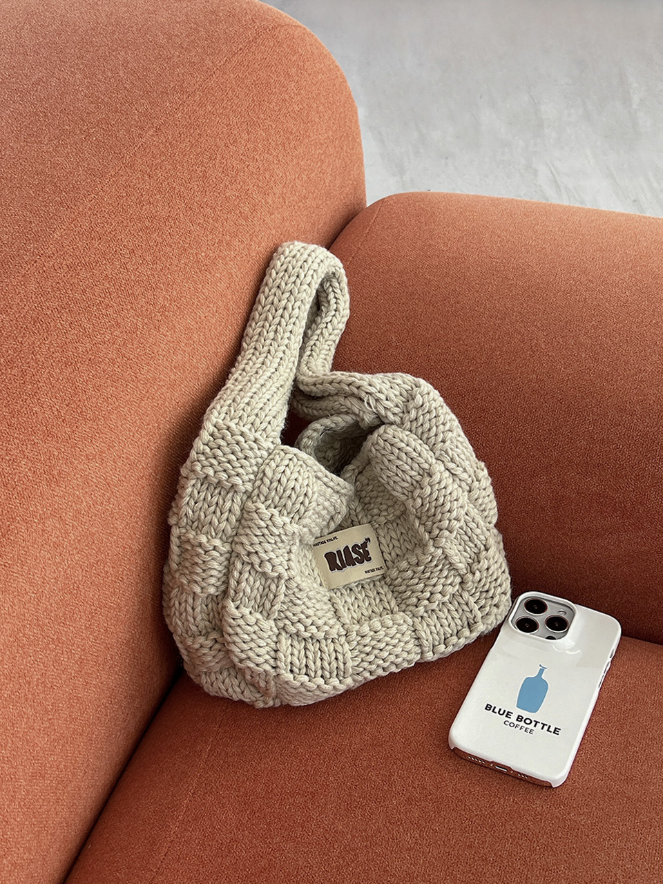 Knitted round crochet tote bag