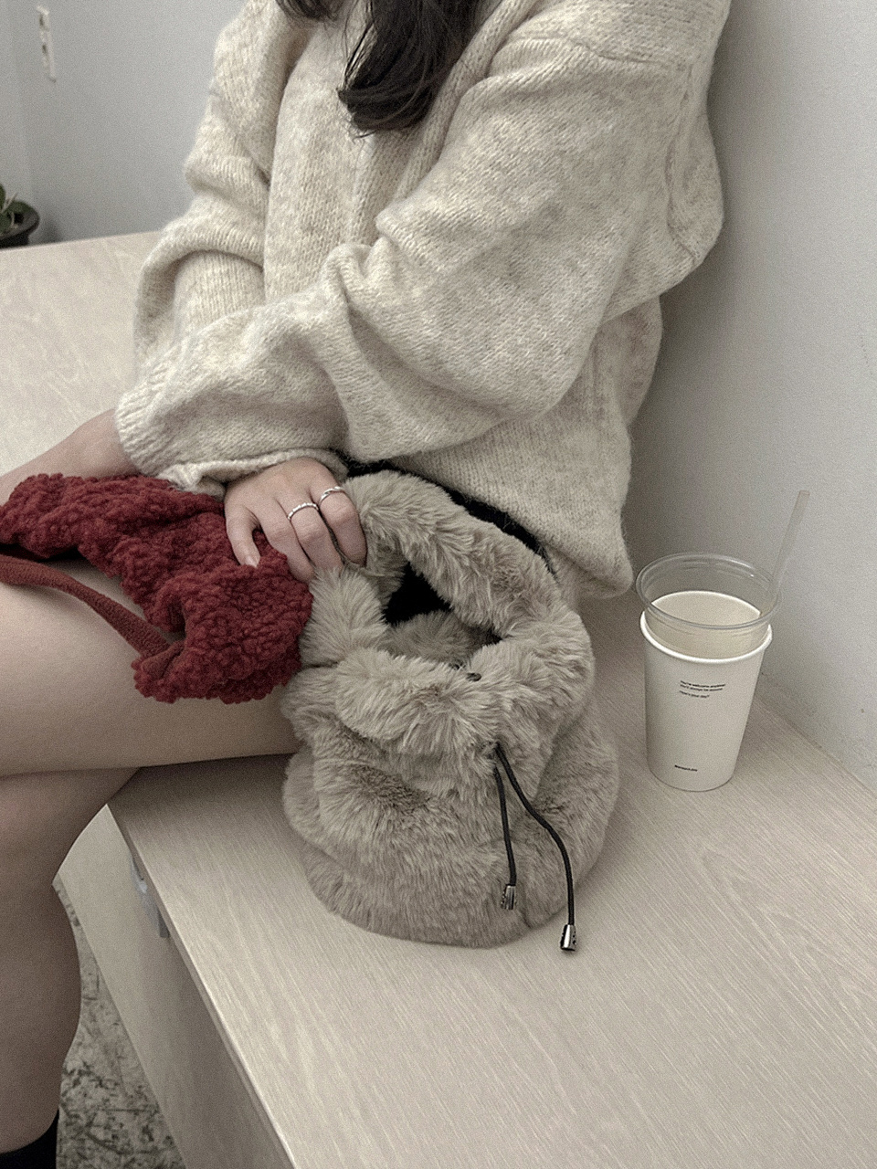 Eco-fur mini bucket bag/tote bag