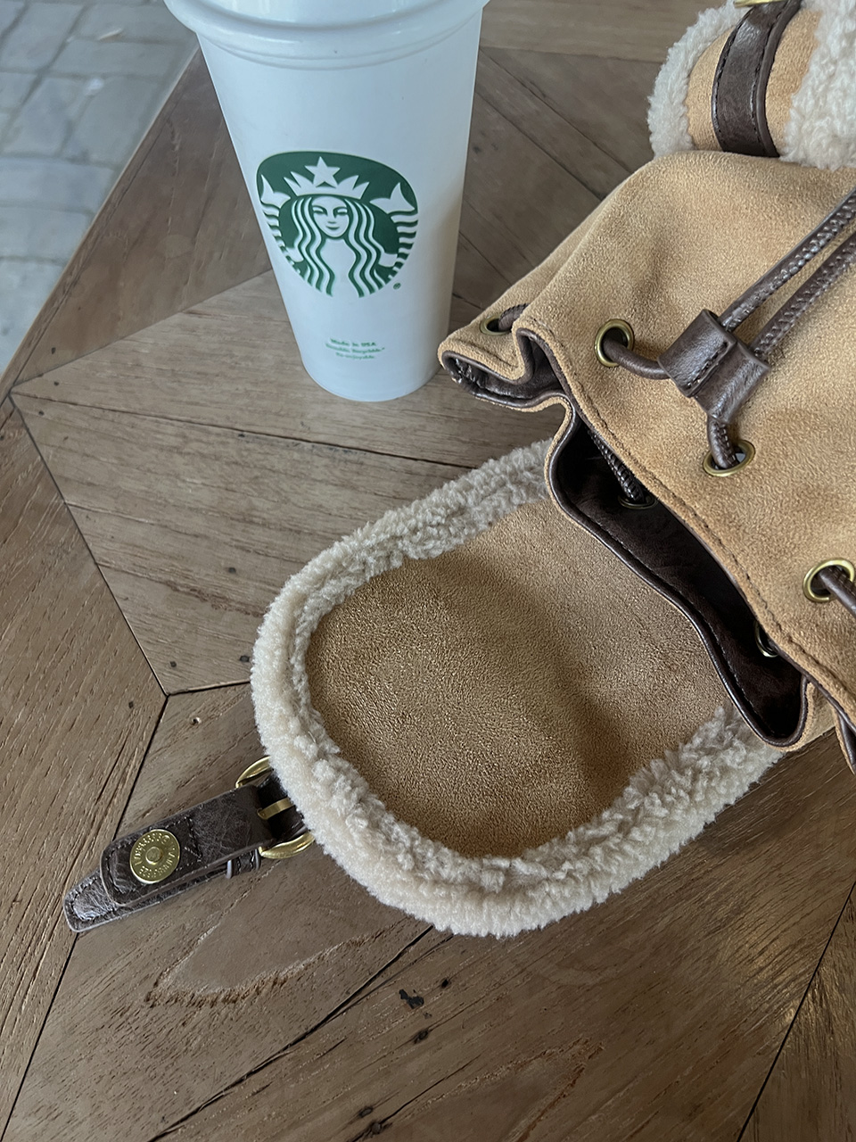 Suede pocket sheepskin bucket bag/mini backpack