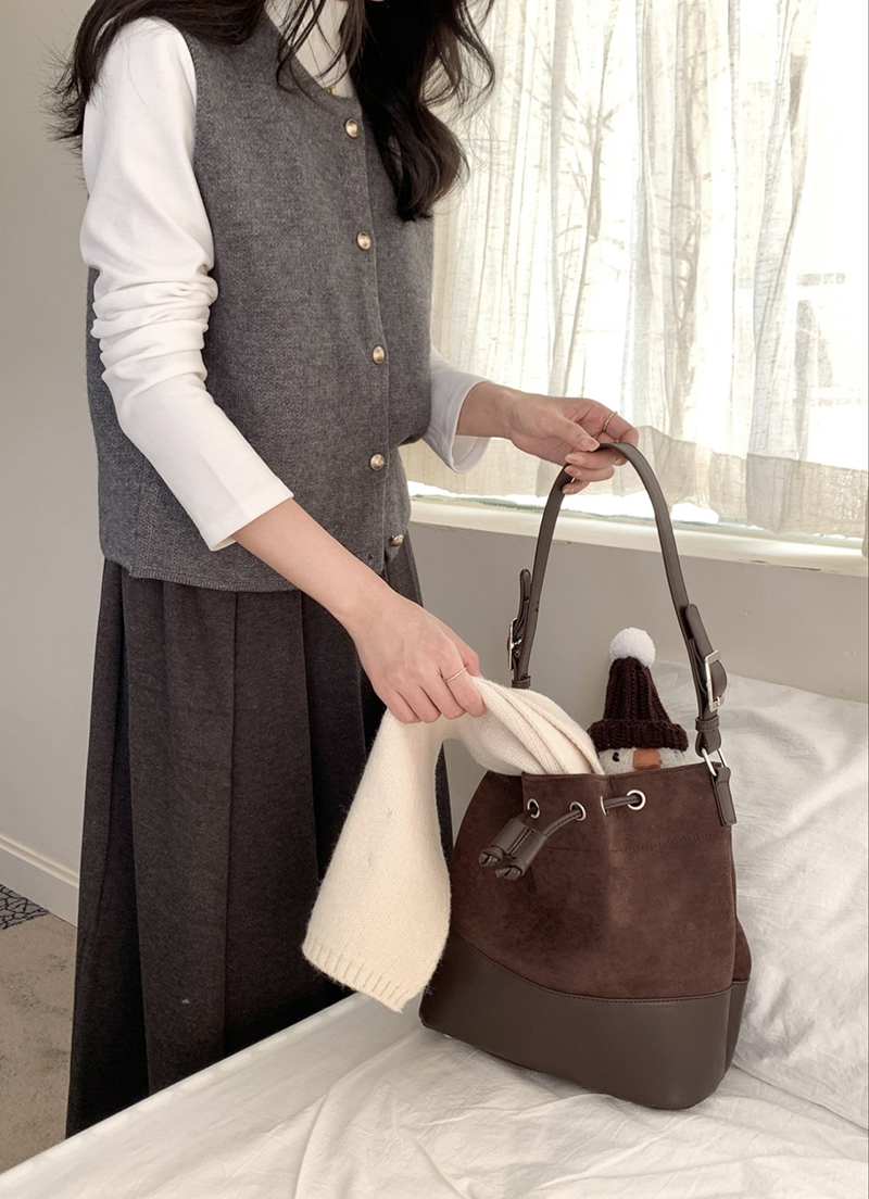 Suede Buckle Leather Bucket Bag/Shoulder Bag