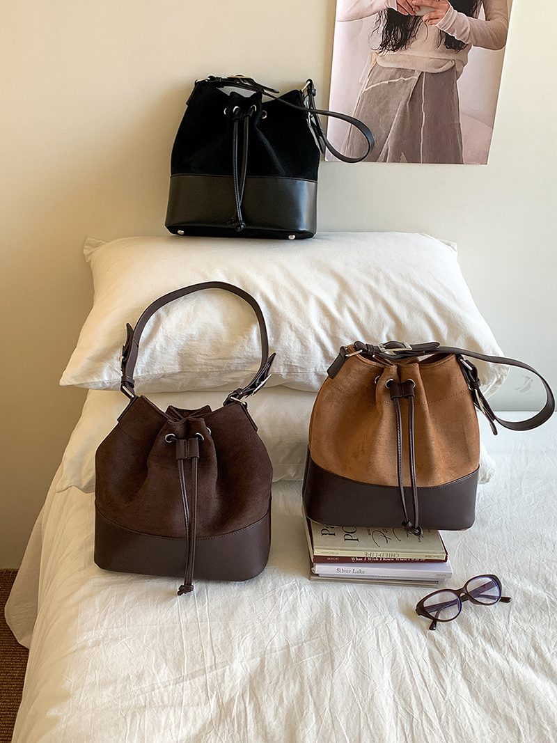 Suede Buckle Leather Bucket Bag/Shoulder Bag