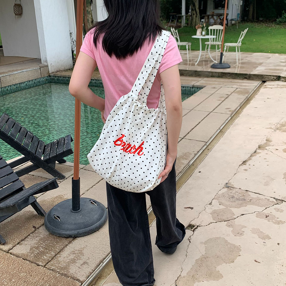 [3 colors] Dot Lettering String Bucket Bag