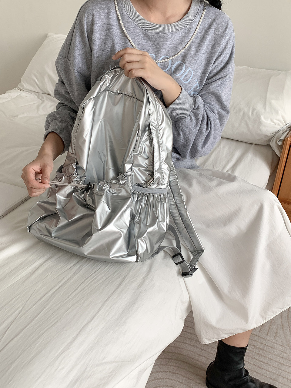 Croon Pocket Silver String Backpack Rucksack