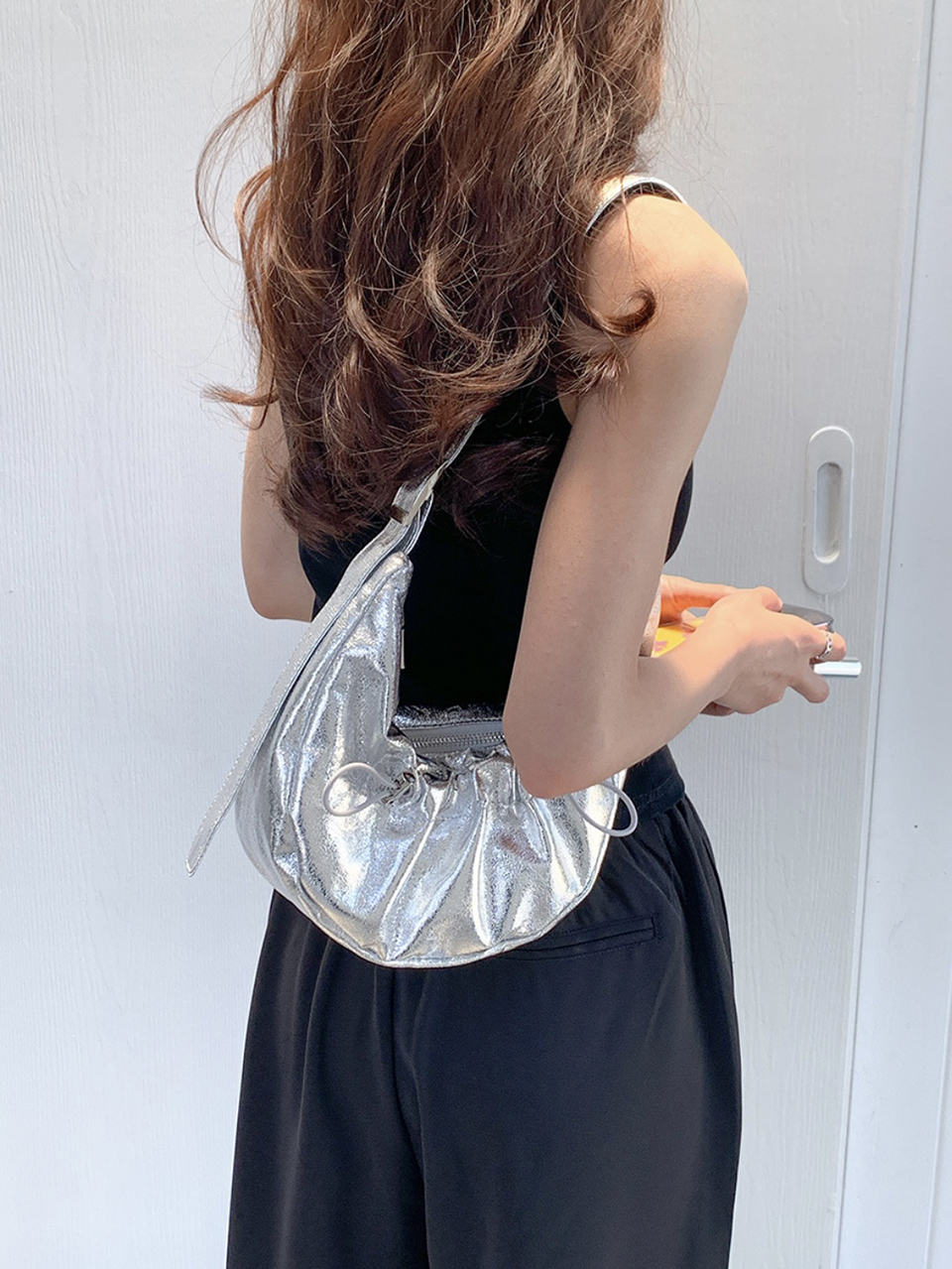 Ditto Cross Silver Denim Shirred Shoulder Bag