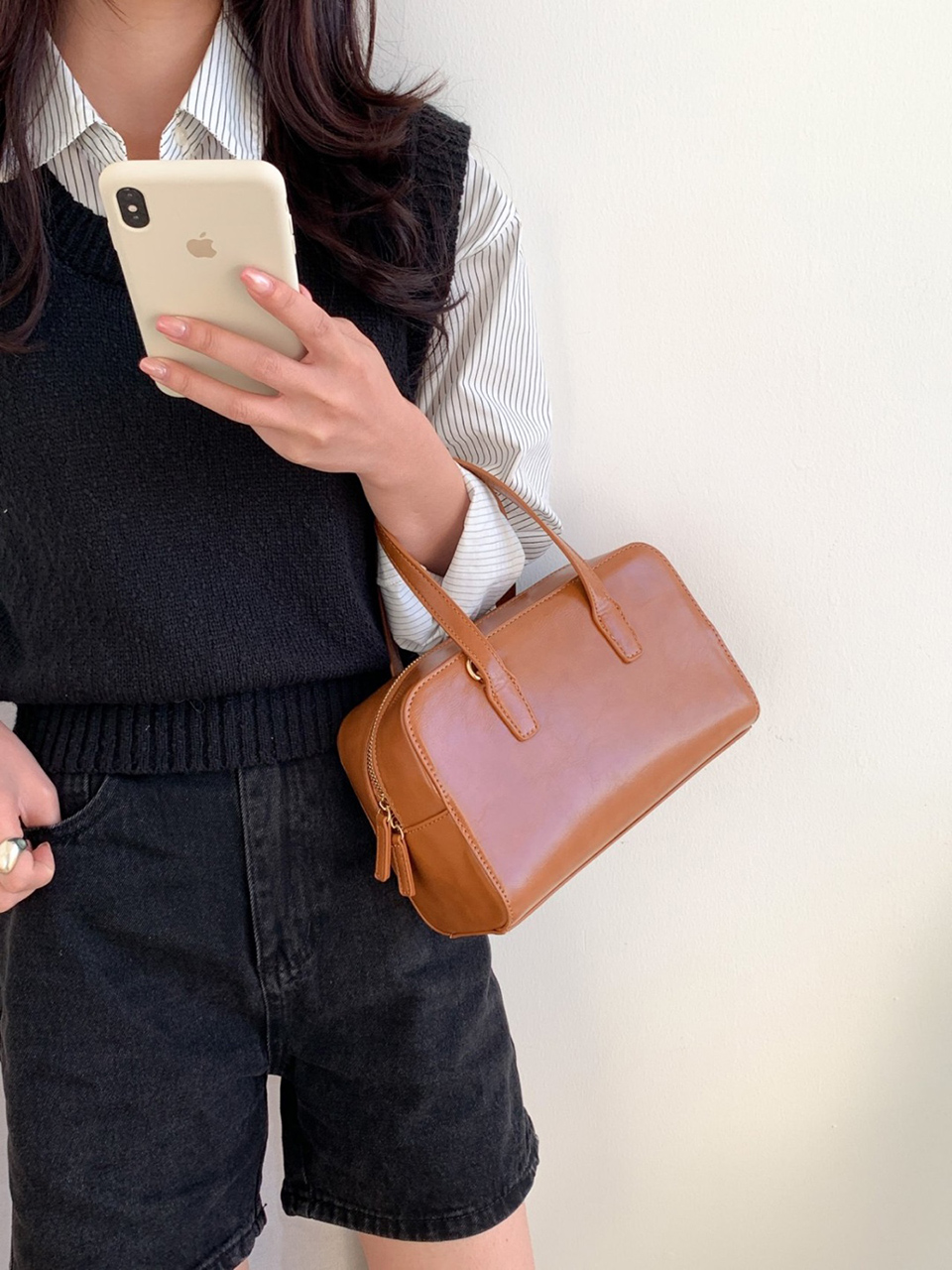 Square zip-up leather tote bag (4 colors)