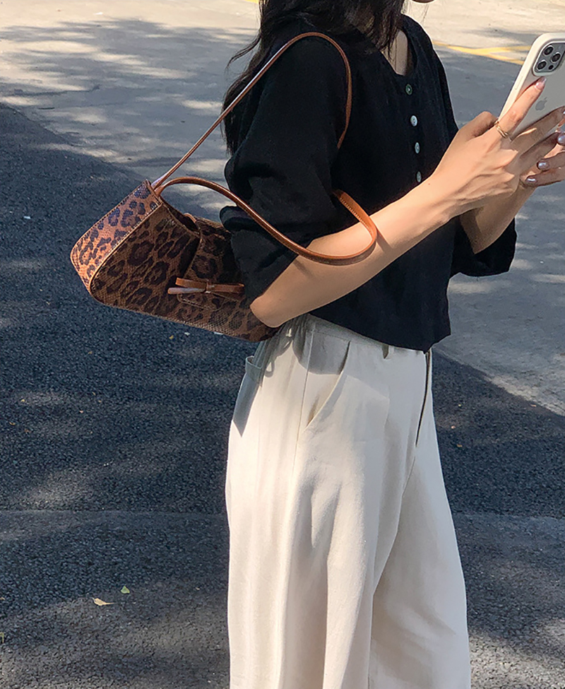 [2 colors] Leopard Ribbon Leather Tote Bag/Shoulder Bag