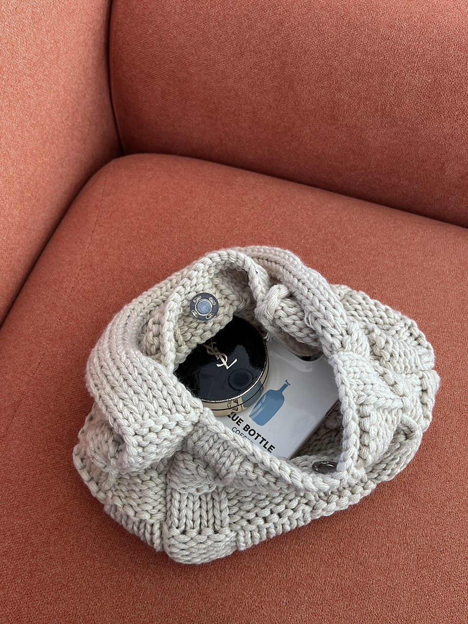 Knitted round crochet tote bag