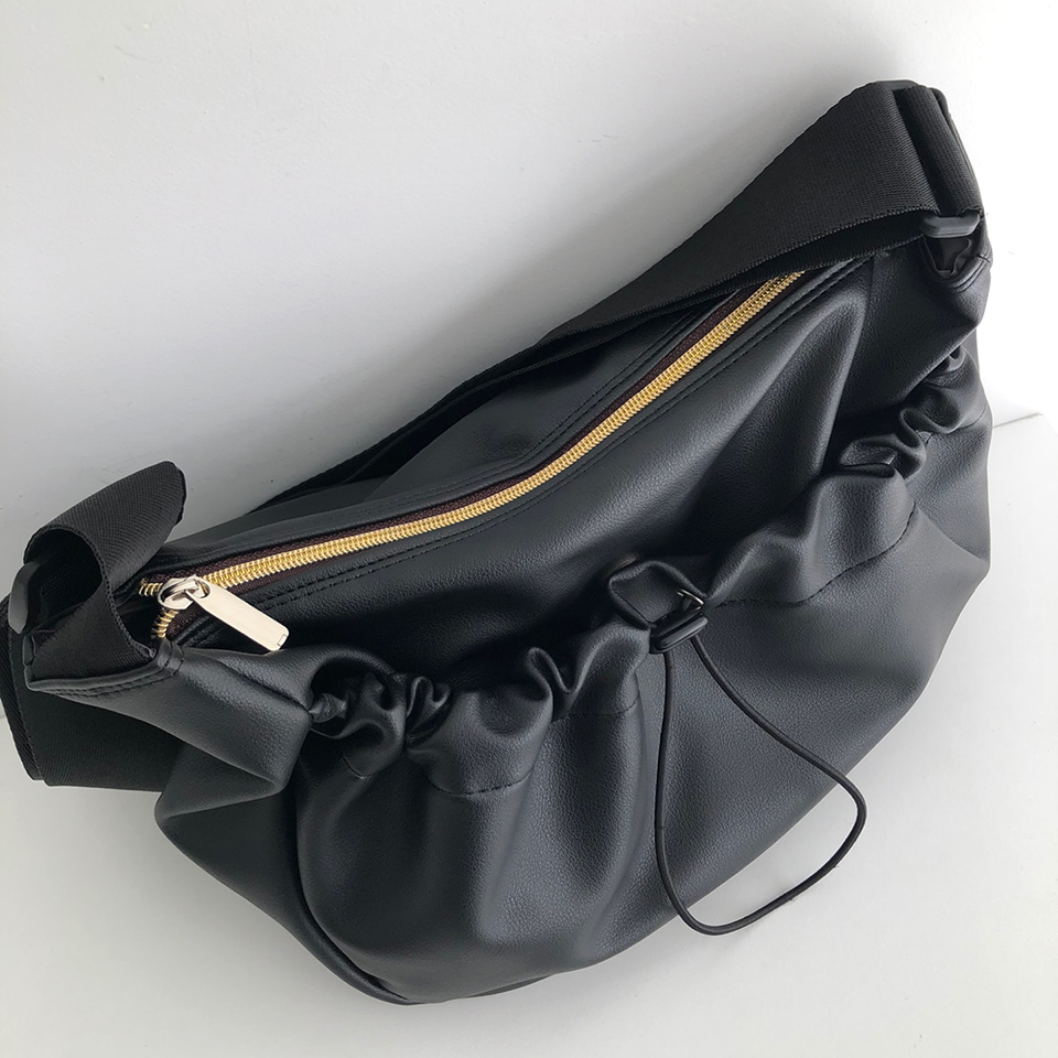 Leather String Pocket Zip-Up Crossbody Bag