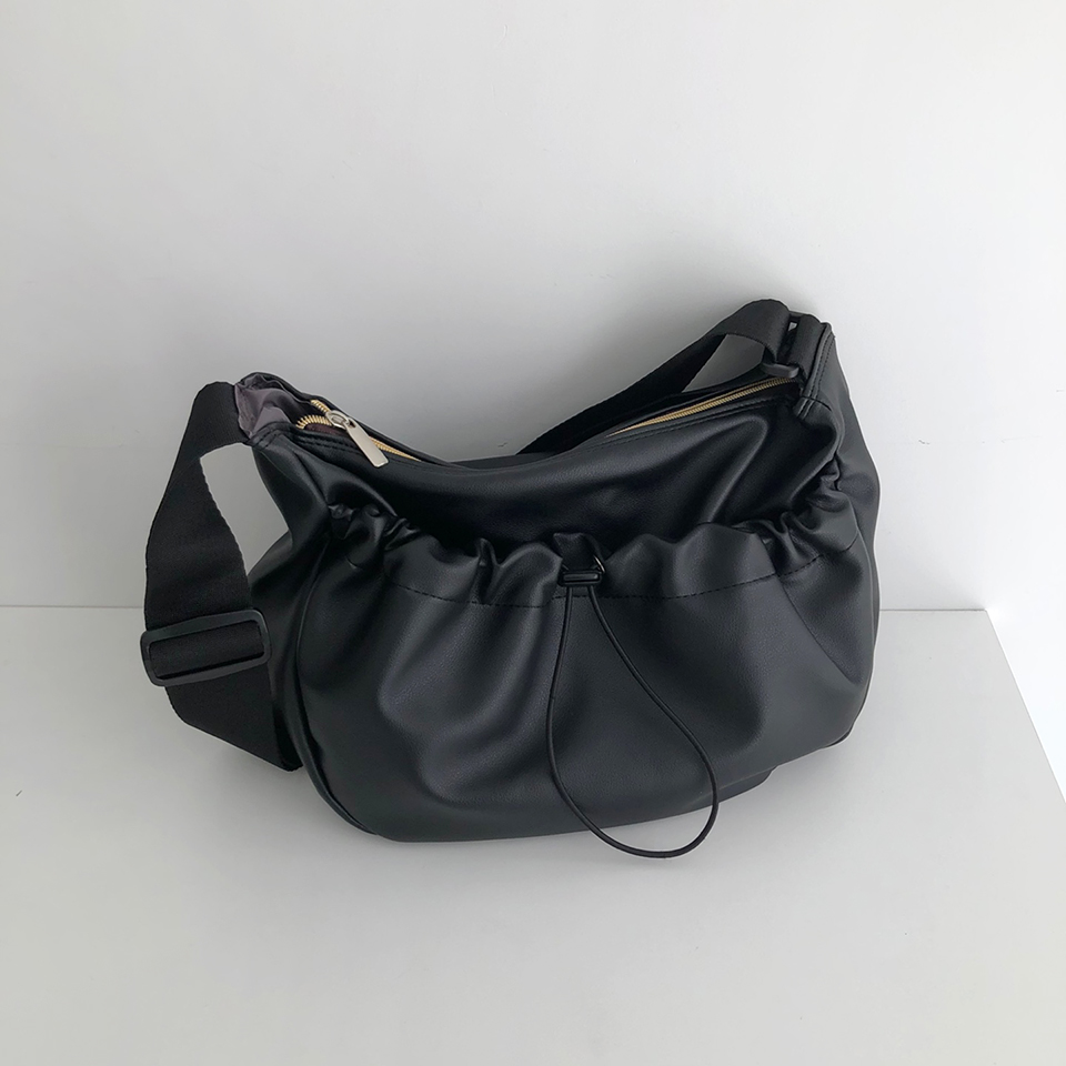 Leather String Pocket Zip-Up Crossbody Bag