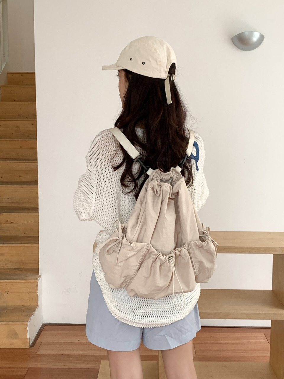 [3 colors] Ribbon Nylon Shirring String Backpack