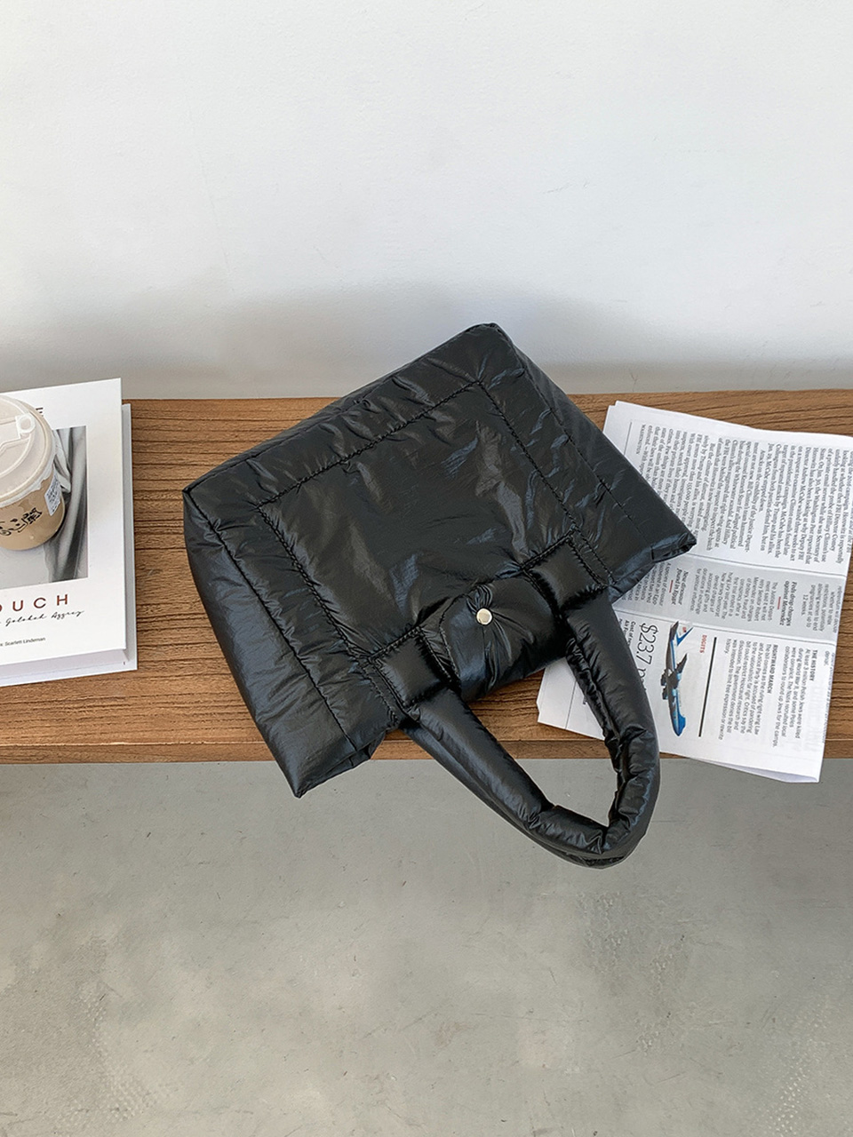Aston Glossy Nylon Down Button Tote Bag