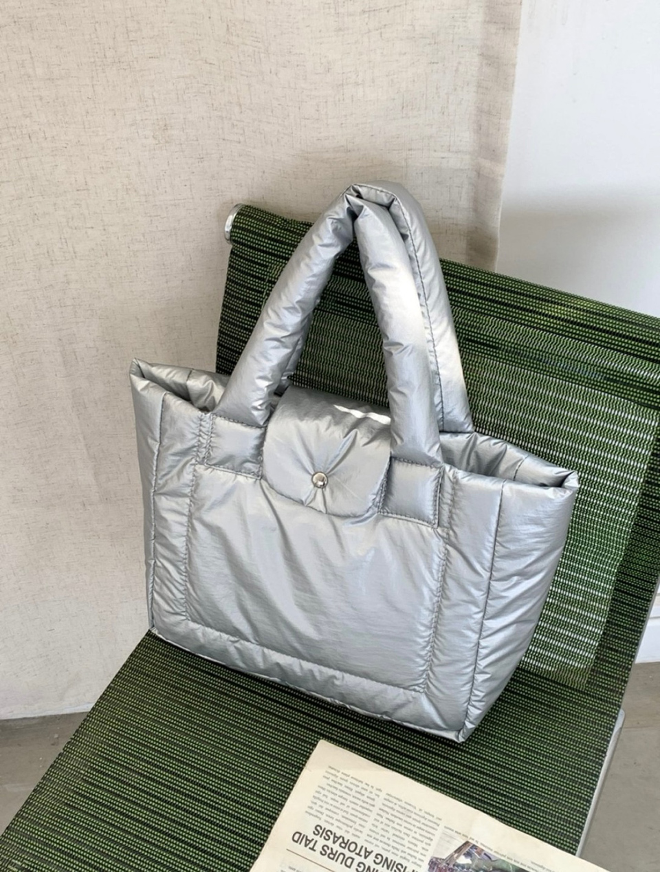 Aston Glossy Nylon Down Button Tote Bag