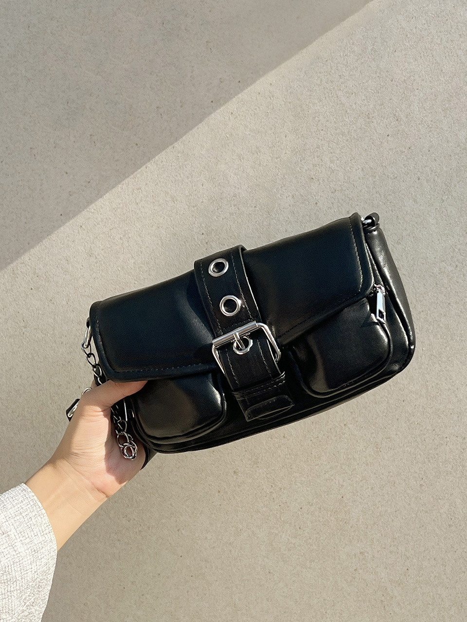 Eyelet Leather Belt Chain Mini Shoulder Bag