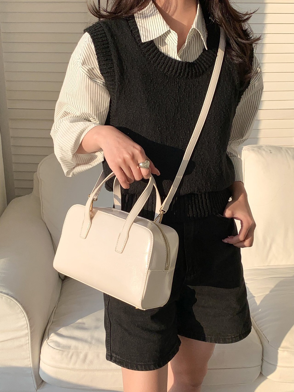 Square zip-up leather tote bag (4 colors)