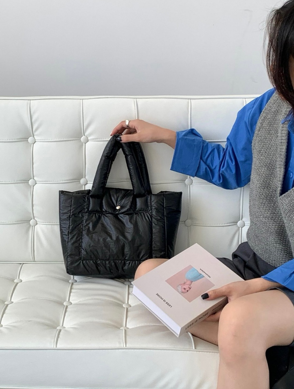 Aston Glossy Nylon Down Button Tote Bag