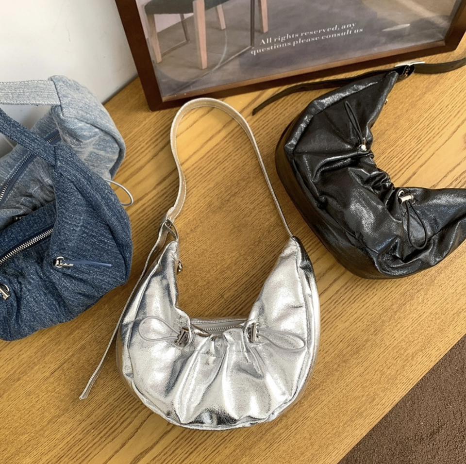 Ditto Cross Silver Denim Shirred Shoulder Bag