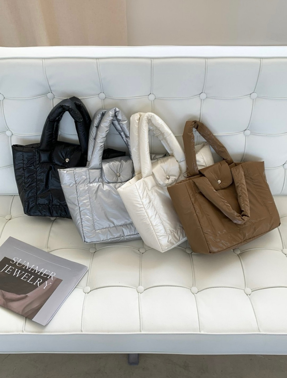 Aston Glossy Nylon Down Button Tote Bag