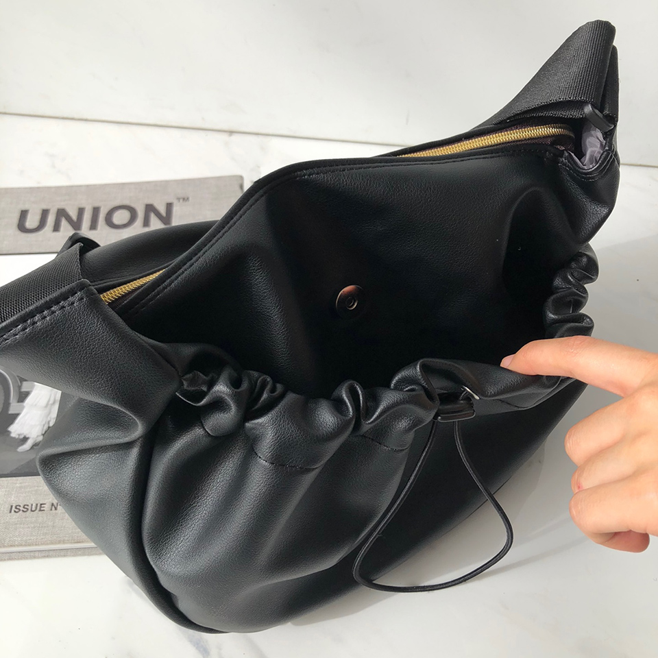 Leather String Pocket Zip-Up Crossbody Bag