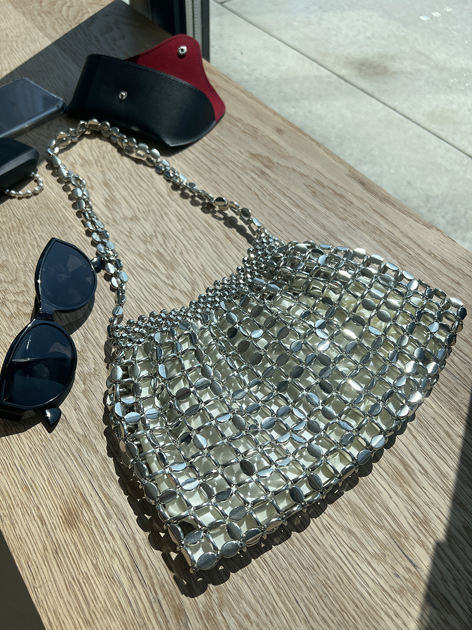 Metal Bead Net Mini Shoulder Bag