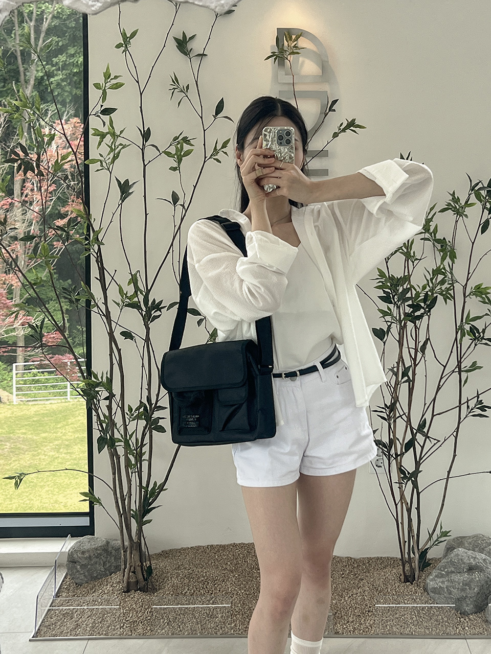 Canvas Mesh Zip-Up Pocket Messenger Bag