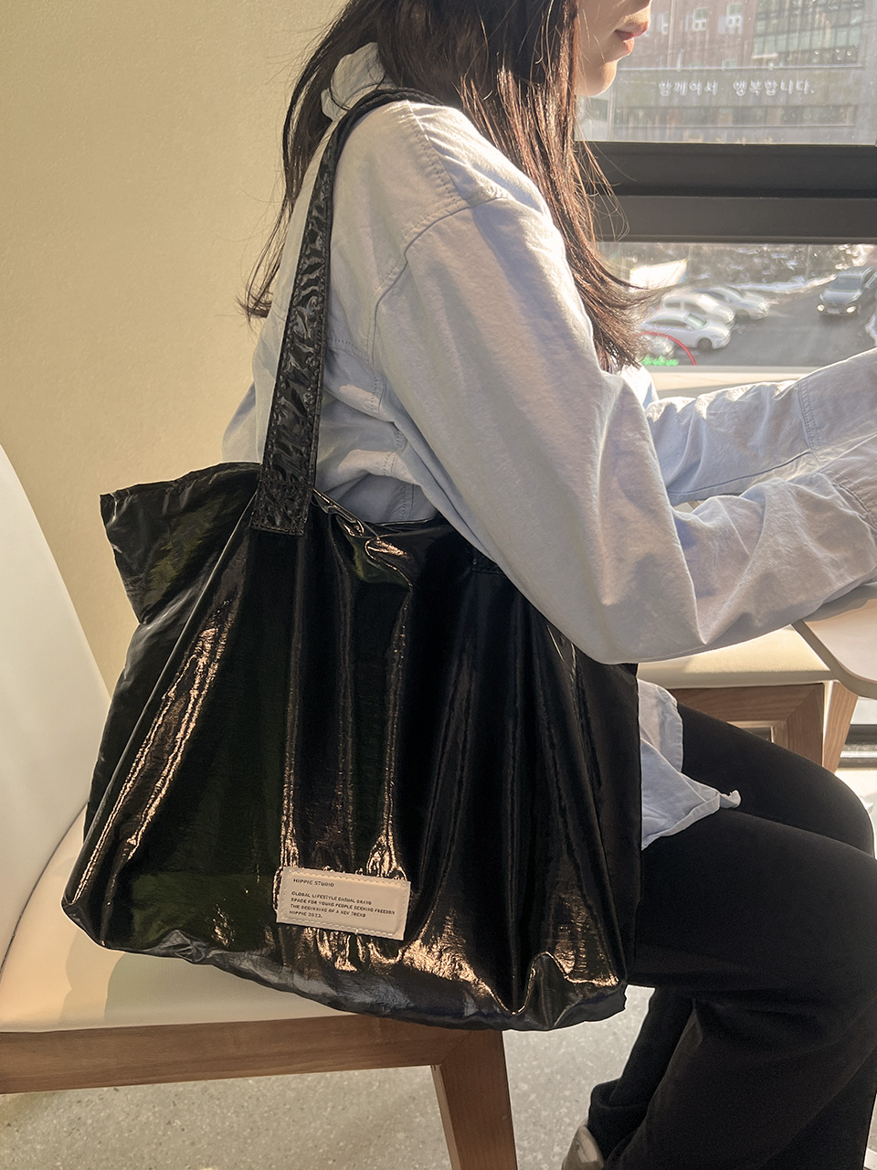 Glossy nylon shoulder bag