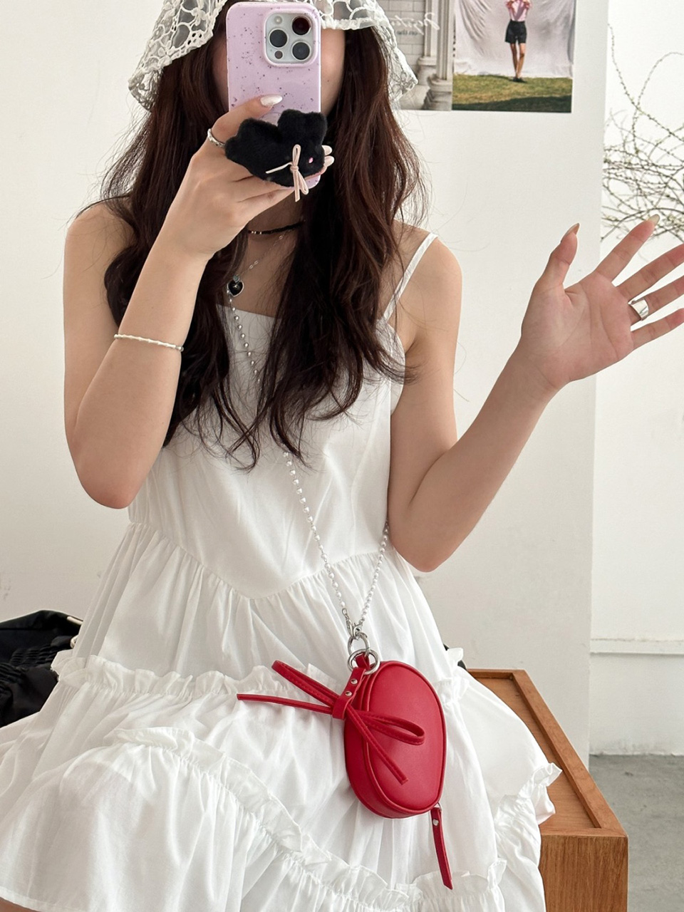 Ribbon ball pearl chain mini cross bag