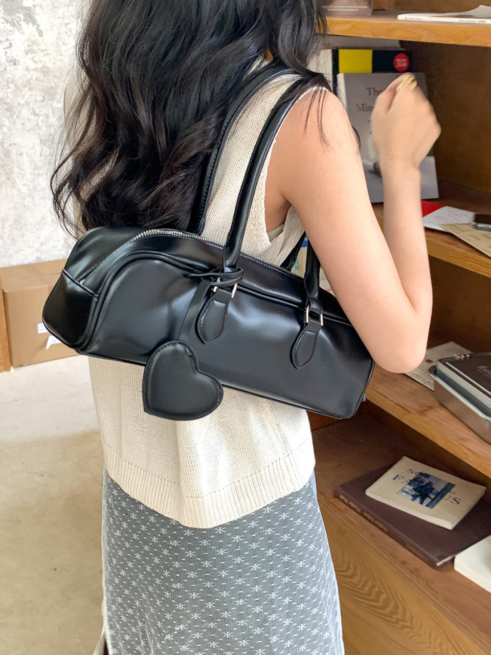 Heart Charm Square Leather Shoulder Bag