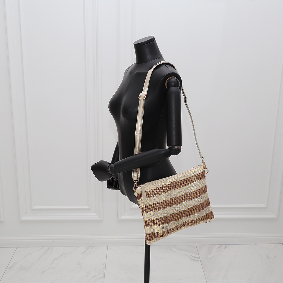 Silver striped rattan zipper cross clutch bag
