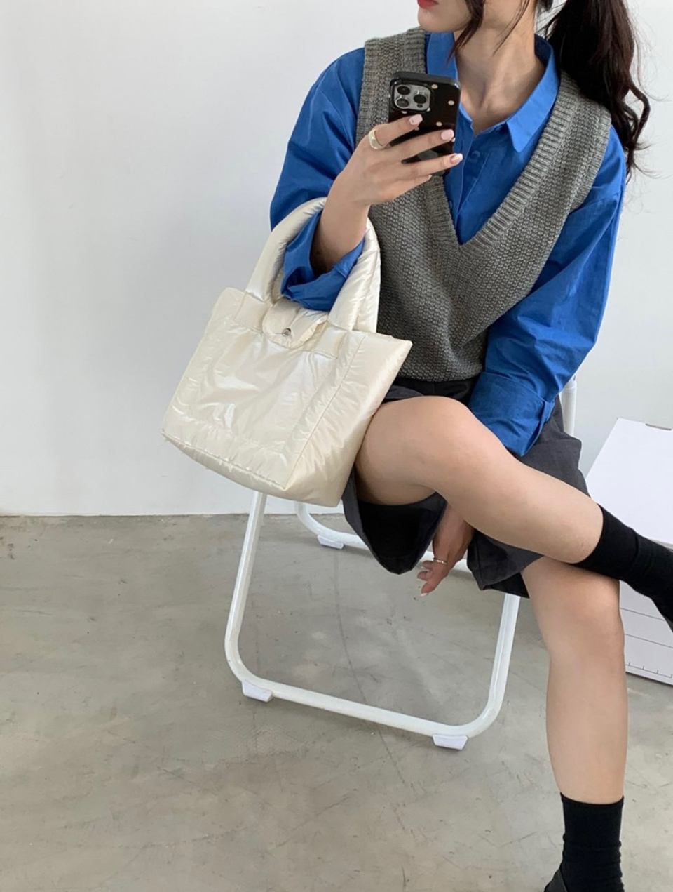 Aston Glossy Nylon Down Button Tote Bag