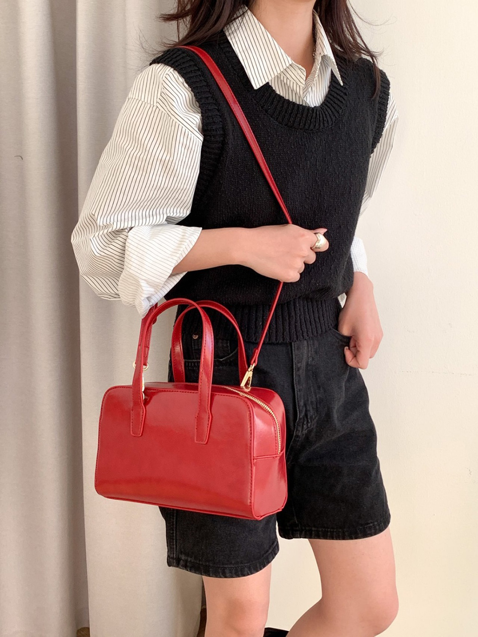 Square zip-up leather tote bag (4 colors)