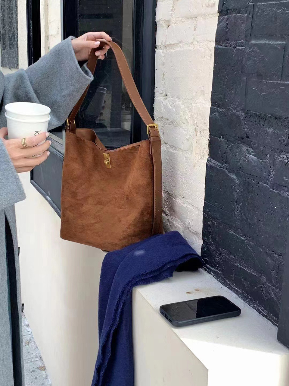 Suede Buckle Big Tote Bag/Shoulder Bag
