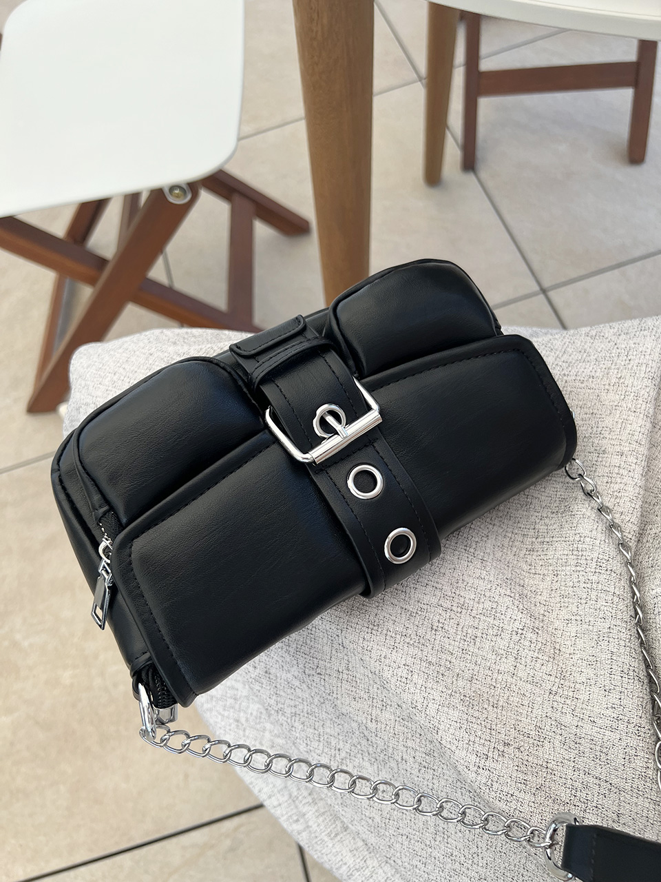 Eyelet Leather Belt Chain Mini Shoulder Bag