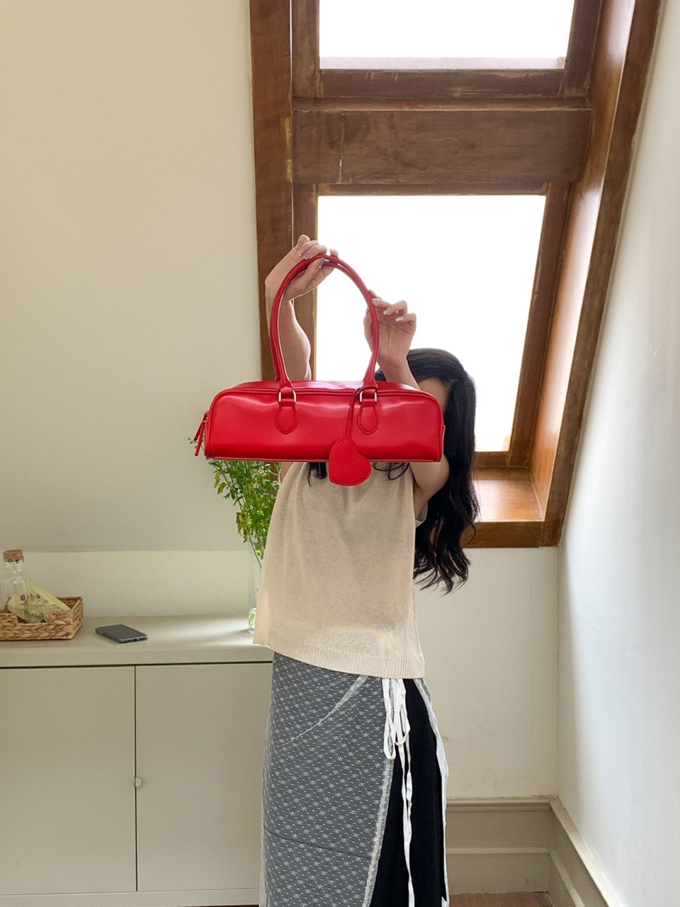 Heart Charm Square Leather Shoulder Bag