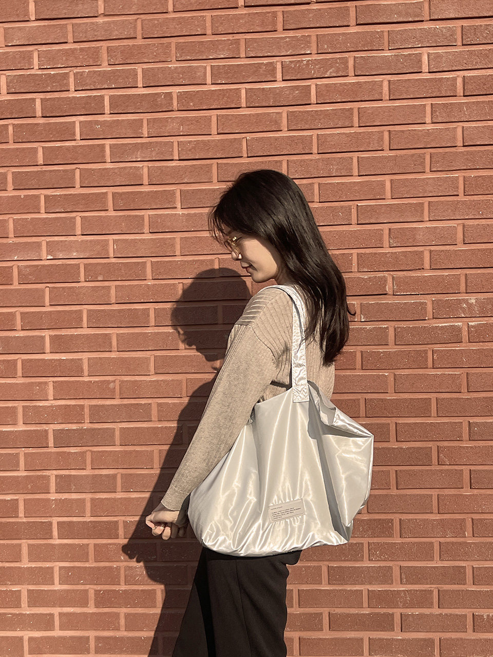 Glossy nylon shoulder bag