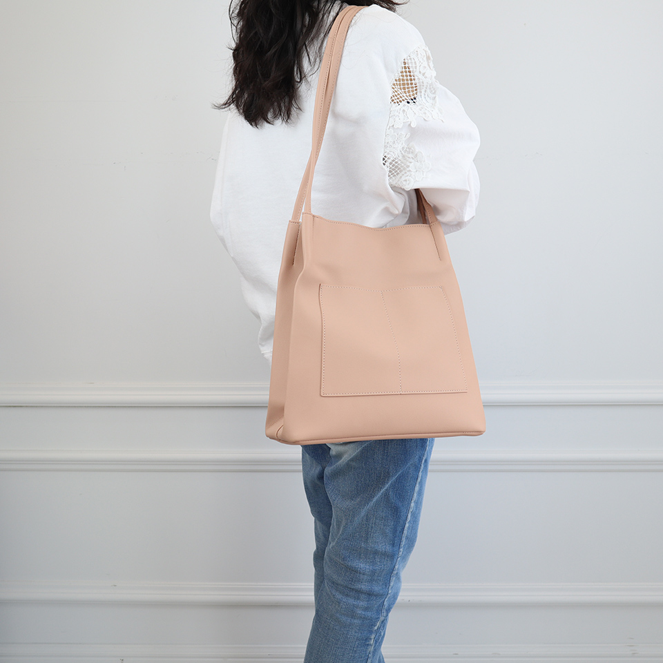 2-Pocket Square Leather Tote Bag/Shoulder Bag