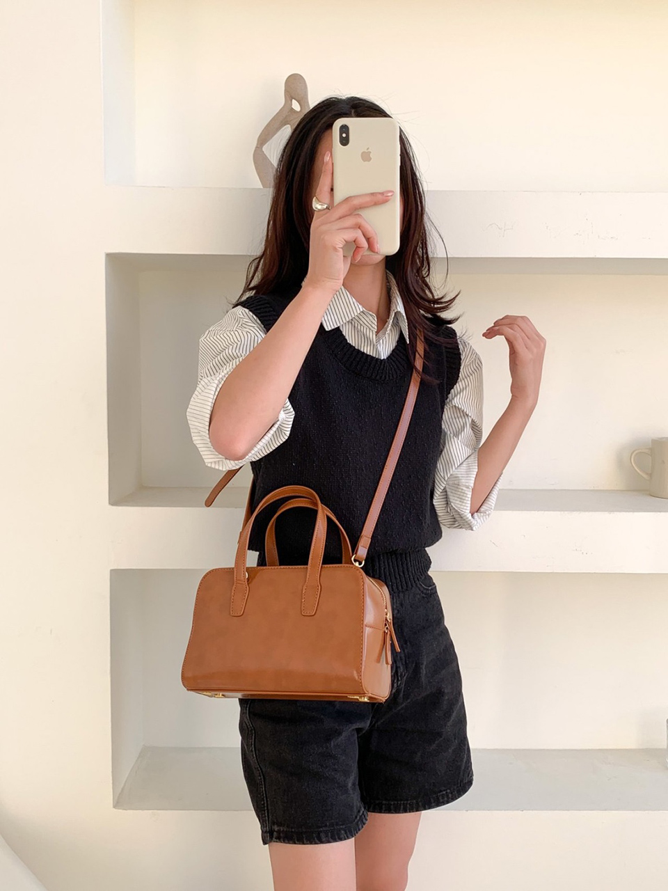 Square zip-up leather tote bag (4 colors)