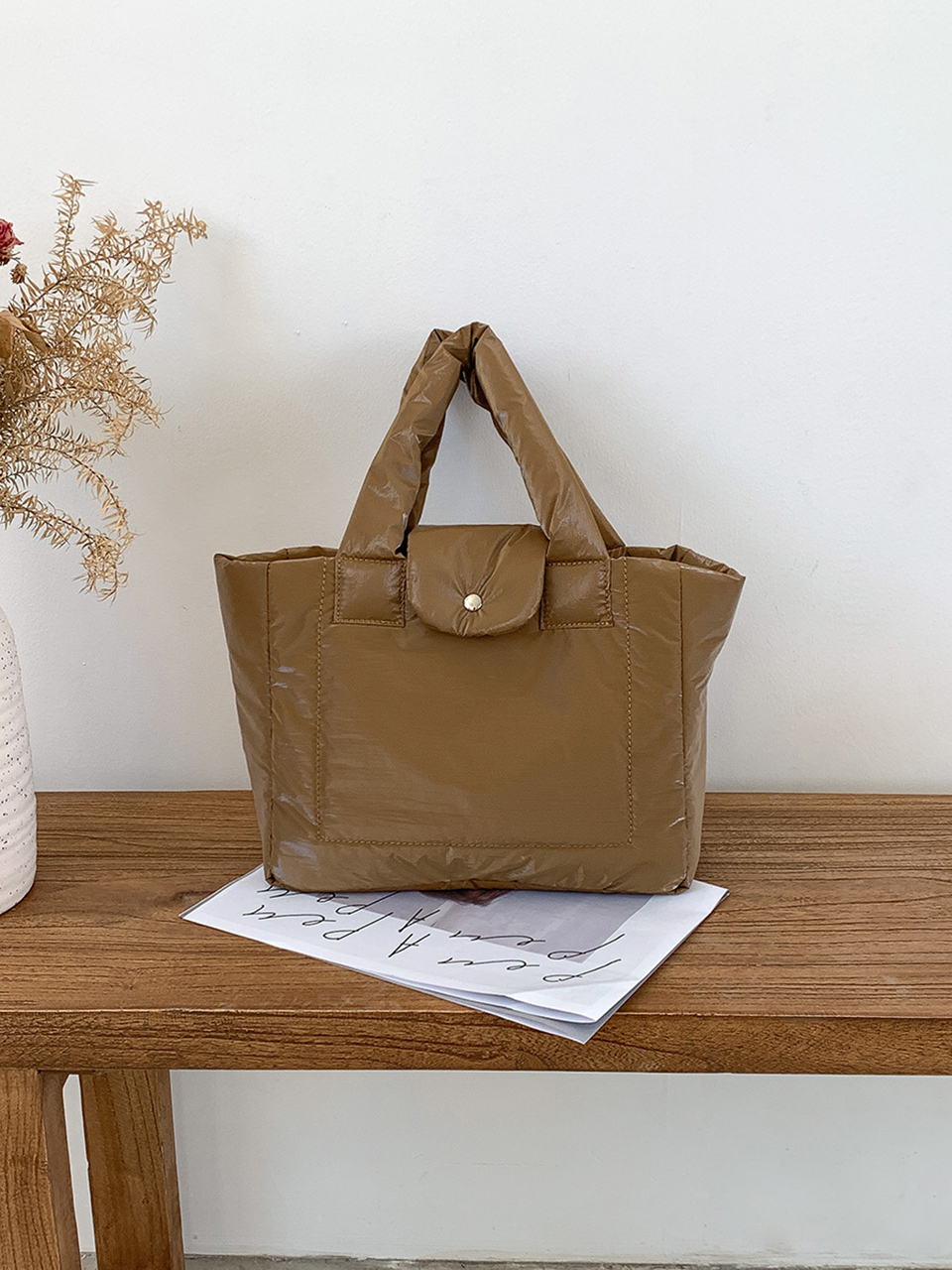 Aston Glossy Nylon Down Button Tote Bag