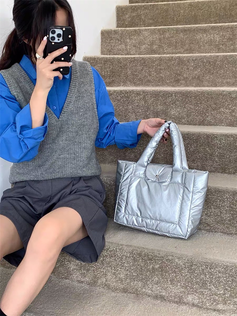 Aston Glossy Nylon Down Button Tote Bag